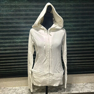 Sameunderneath Women’s White Zipper Front Hooded Embroidered Back Hoodie Large